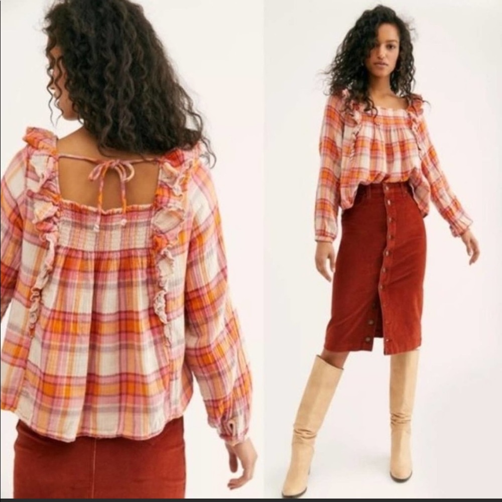 Free People NEW Colorful Paid Pull Over Ruffle Long Sleeve Size Medium